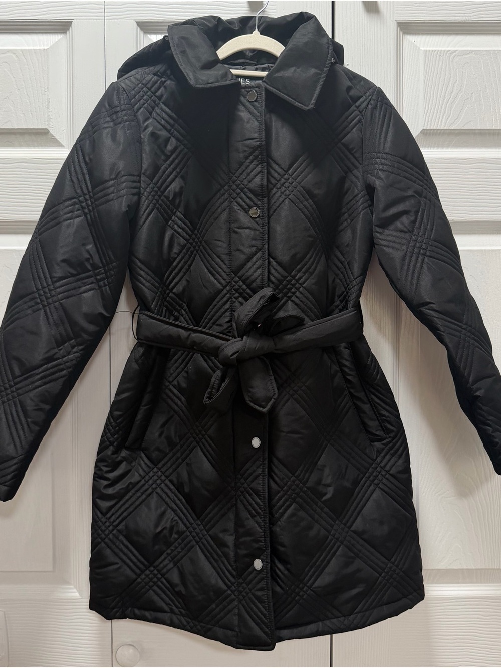 Jones New York Black Quilted Belted Hooded Coat Women’s Small NWOT